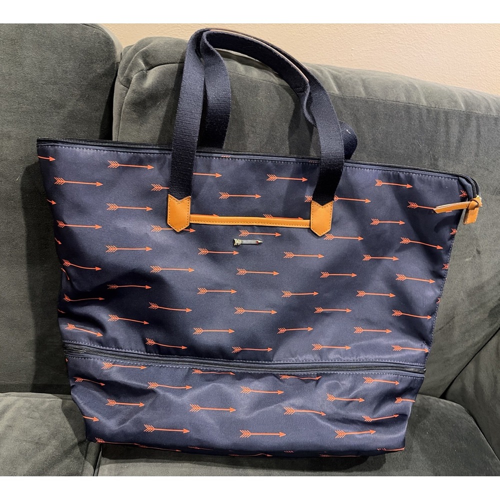 STELLA & DOT Navy Blue And Orange TRAVEL WEEKENDER TOTE BAG w/2"EXPANDER